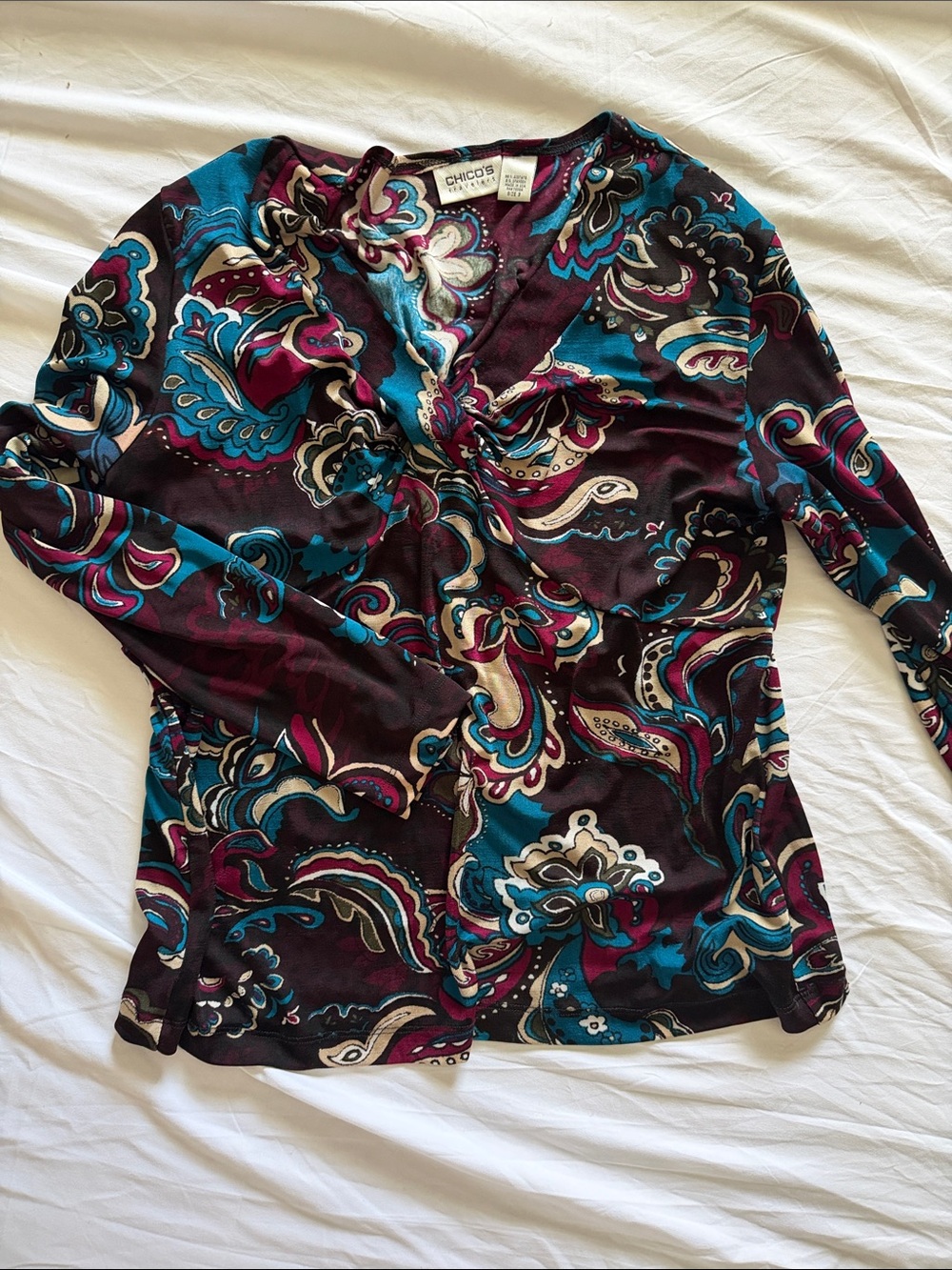 Chico's Long Sleeve Paisley V-Neck Shirt - Teal, Burgundy & Cream